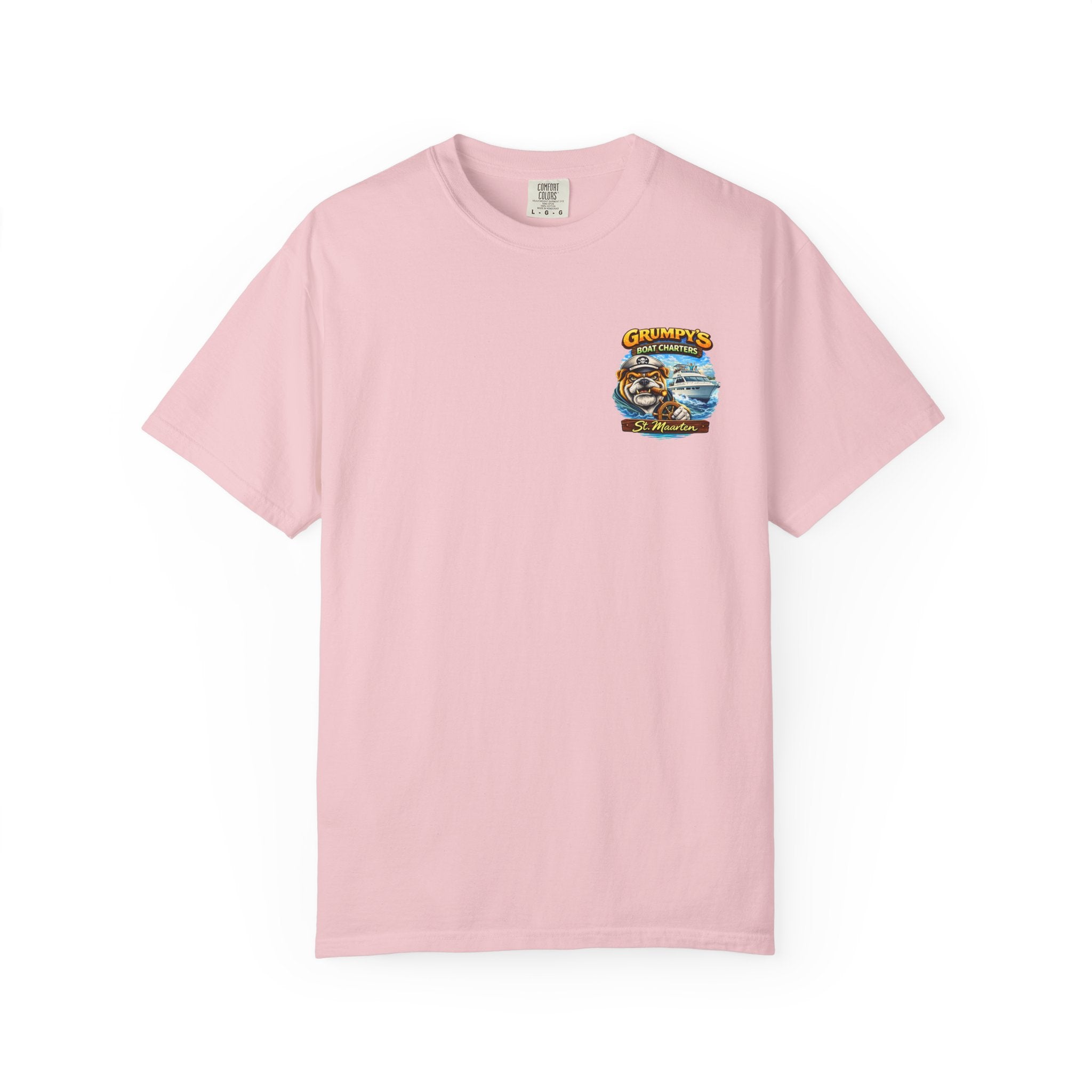 Pink t-shirt with a logo on the chest against a white background