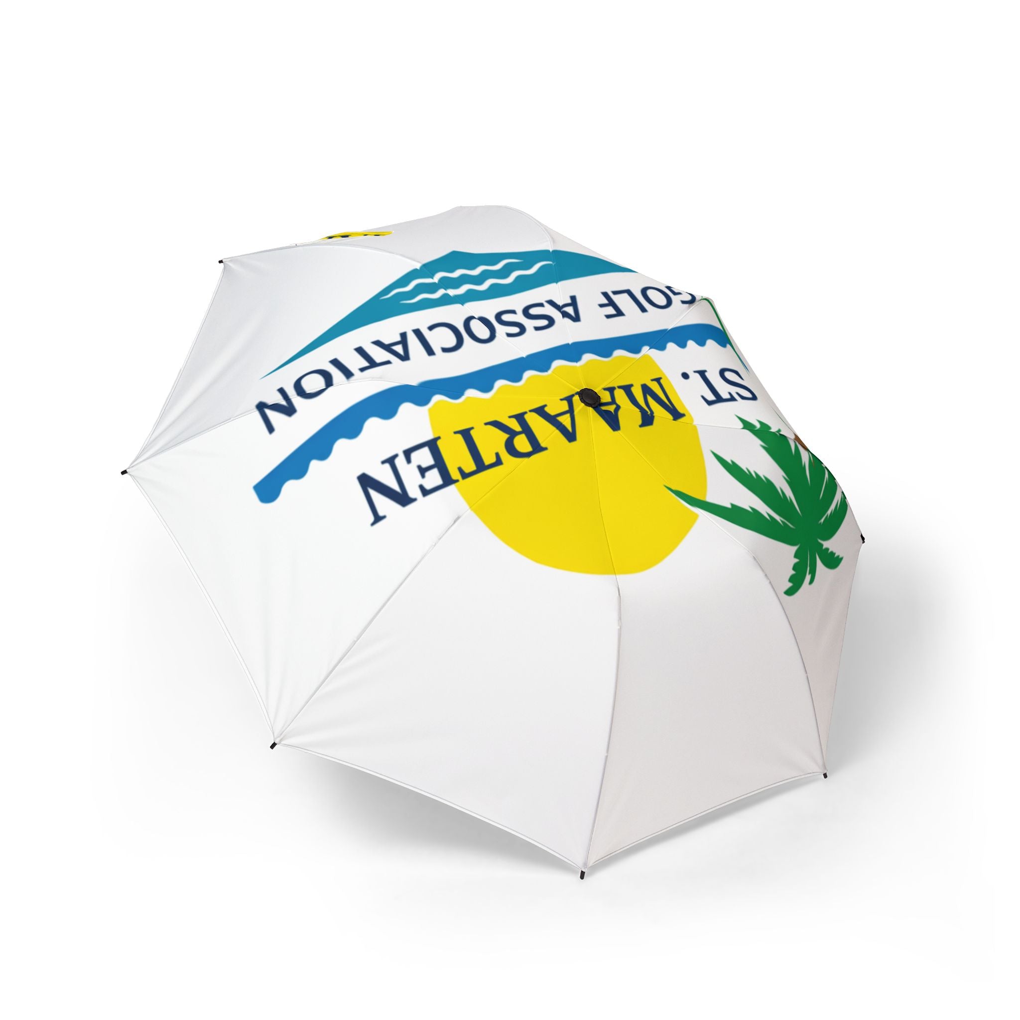 White umbrella with colorful design on a white background