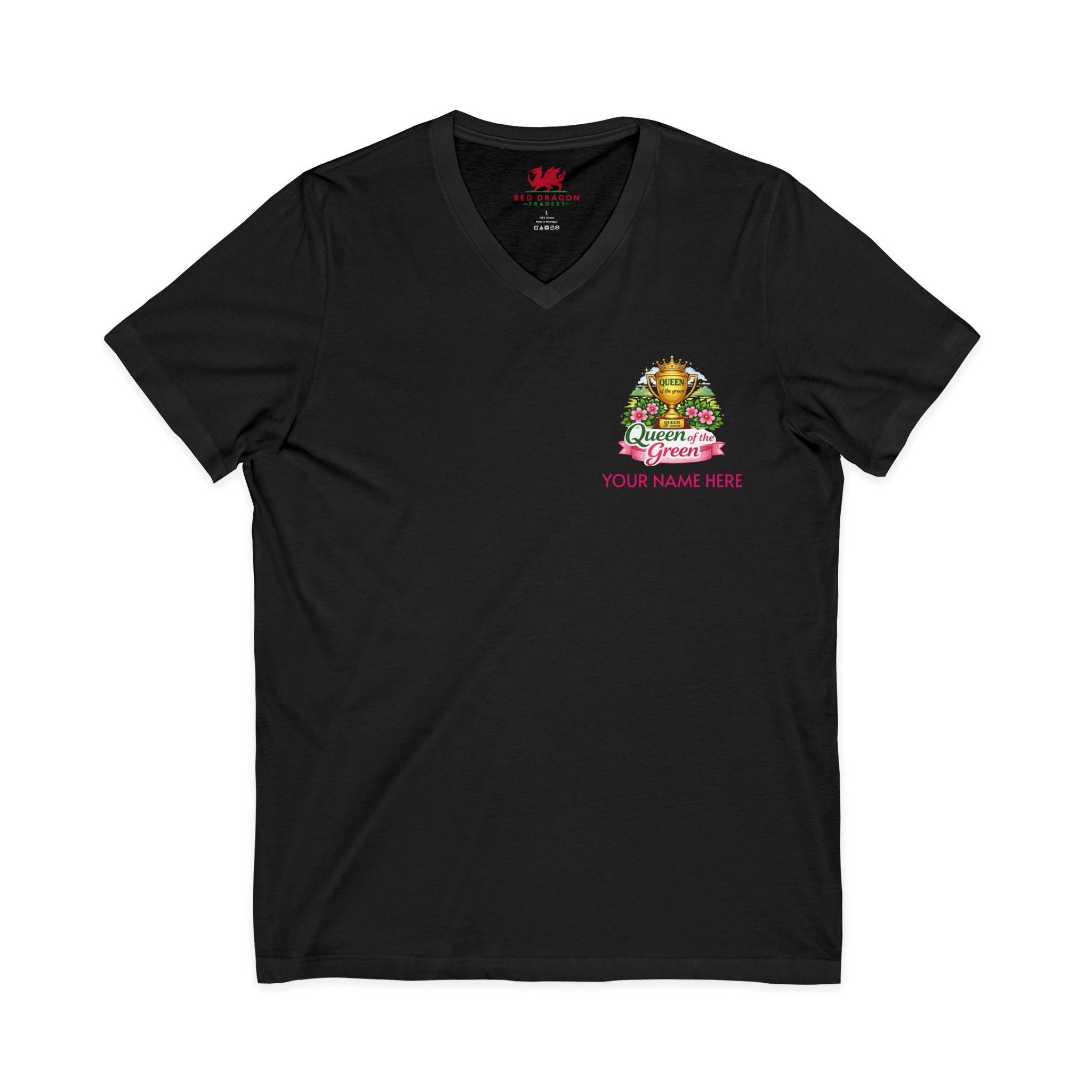 Black V-neck t-shirt with a colorful graphic and text on a white background