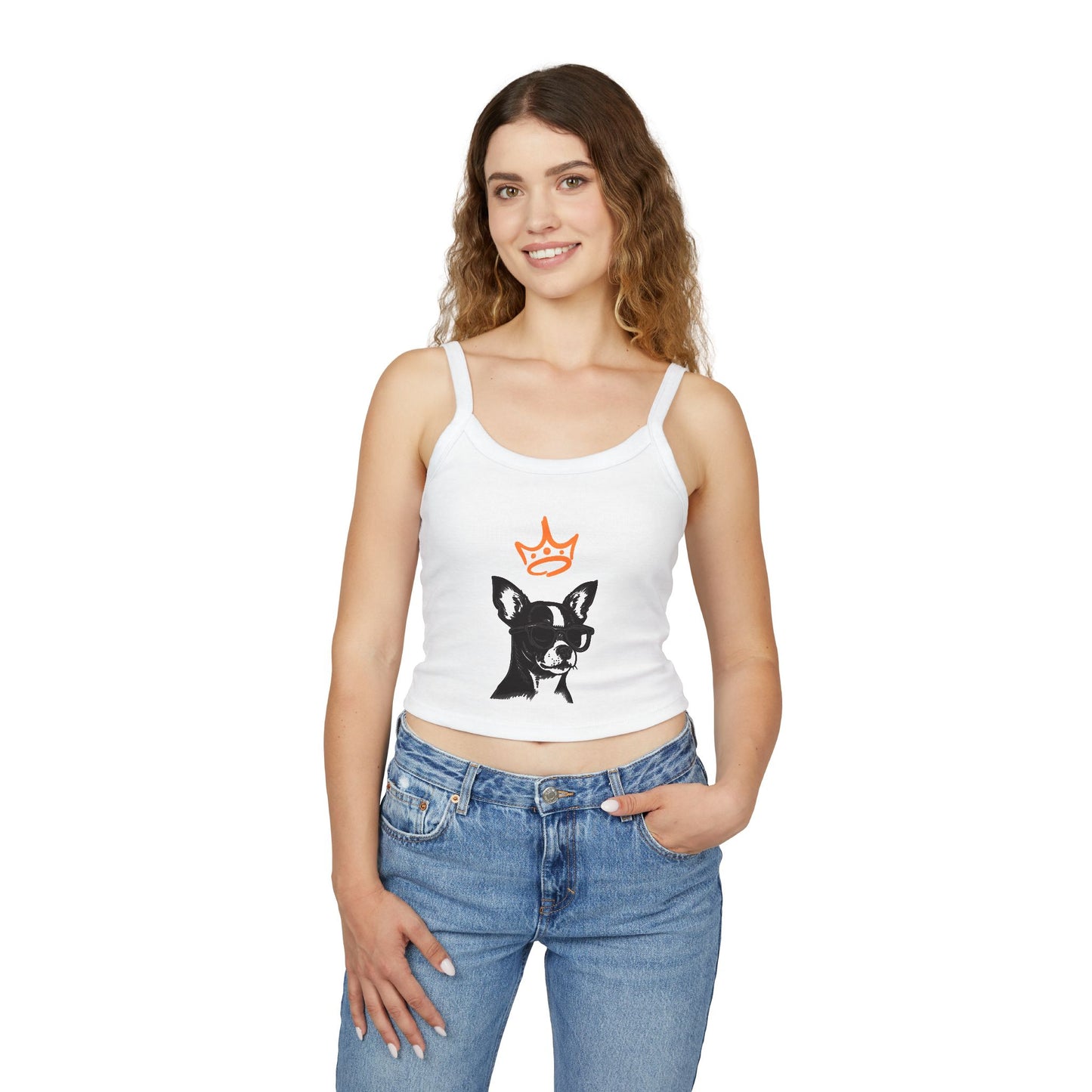 White spaghetti strap tank top with a graphic of a black dog wearing an orange crown, worn by a model in blue jeans.
