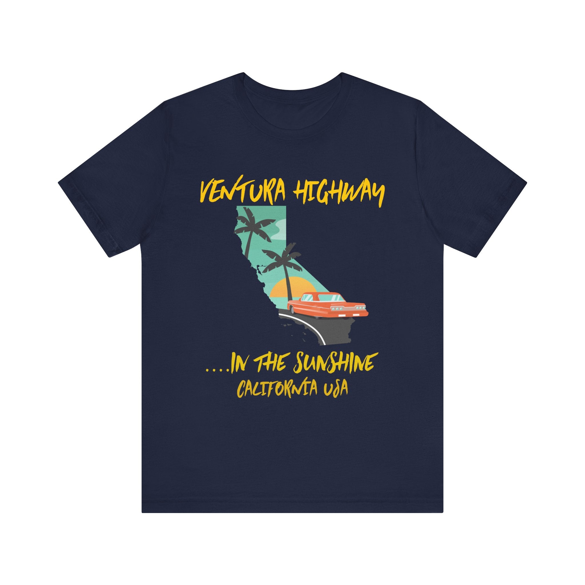 Navy blue t-shirt with 'Ventura Highway' graphic design on a white background