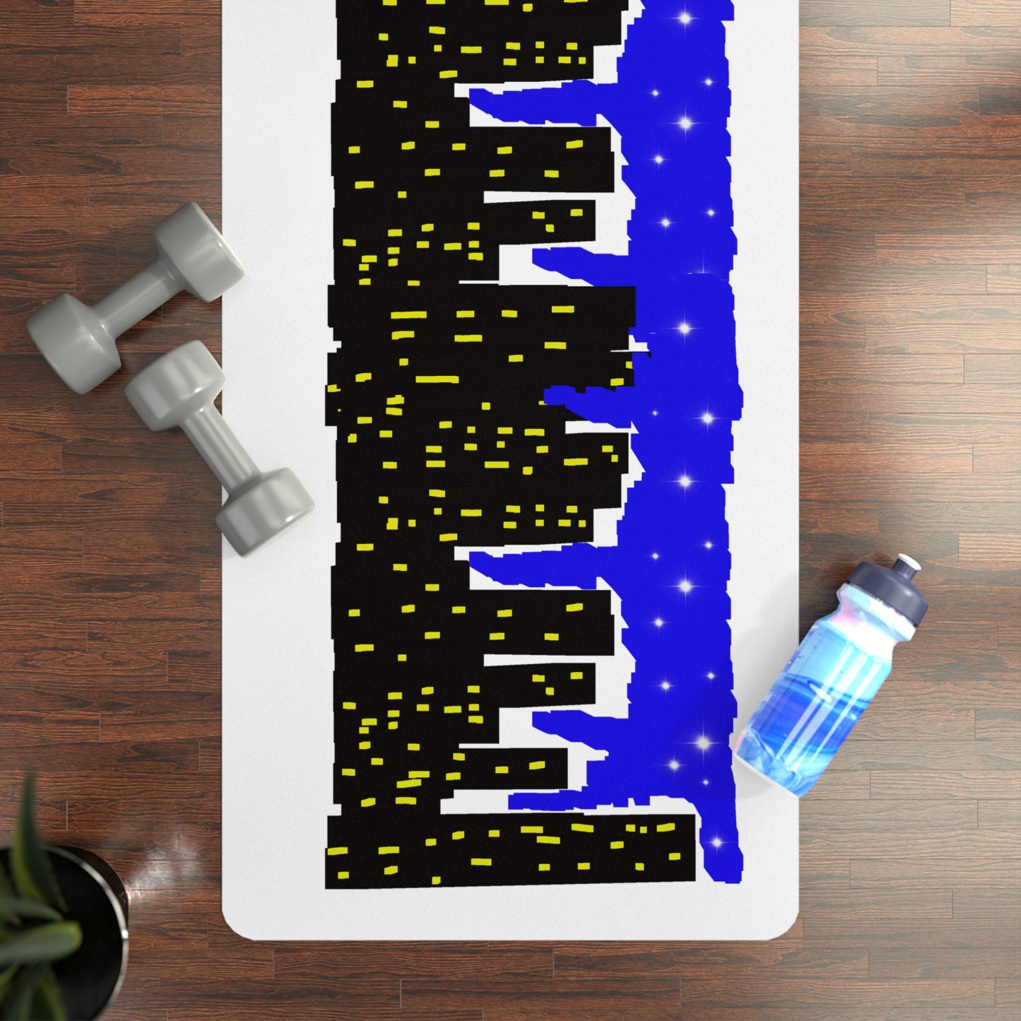 Yoga mat with blue silhouette of a person on a wooden floor with weights and a water bottle.
