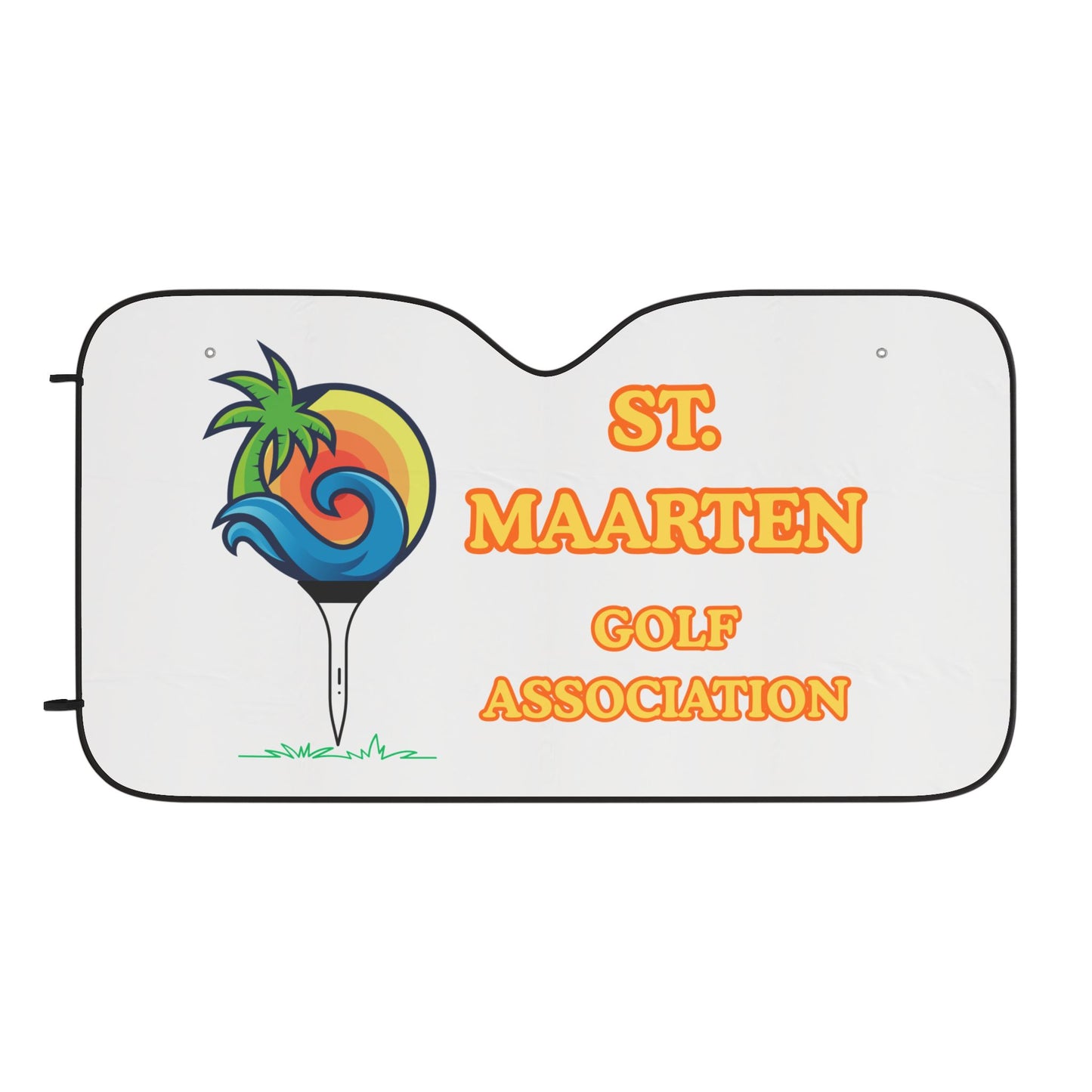 Car sunshade with St. Maarten Golf Association logo on a white background