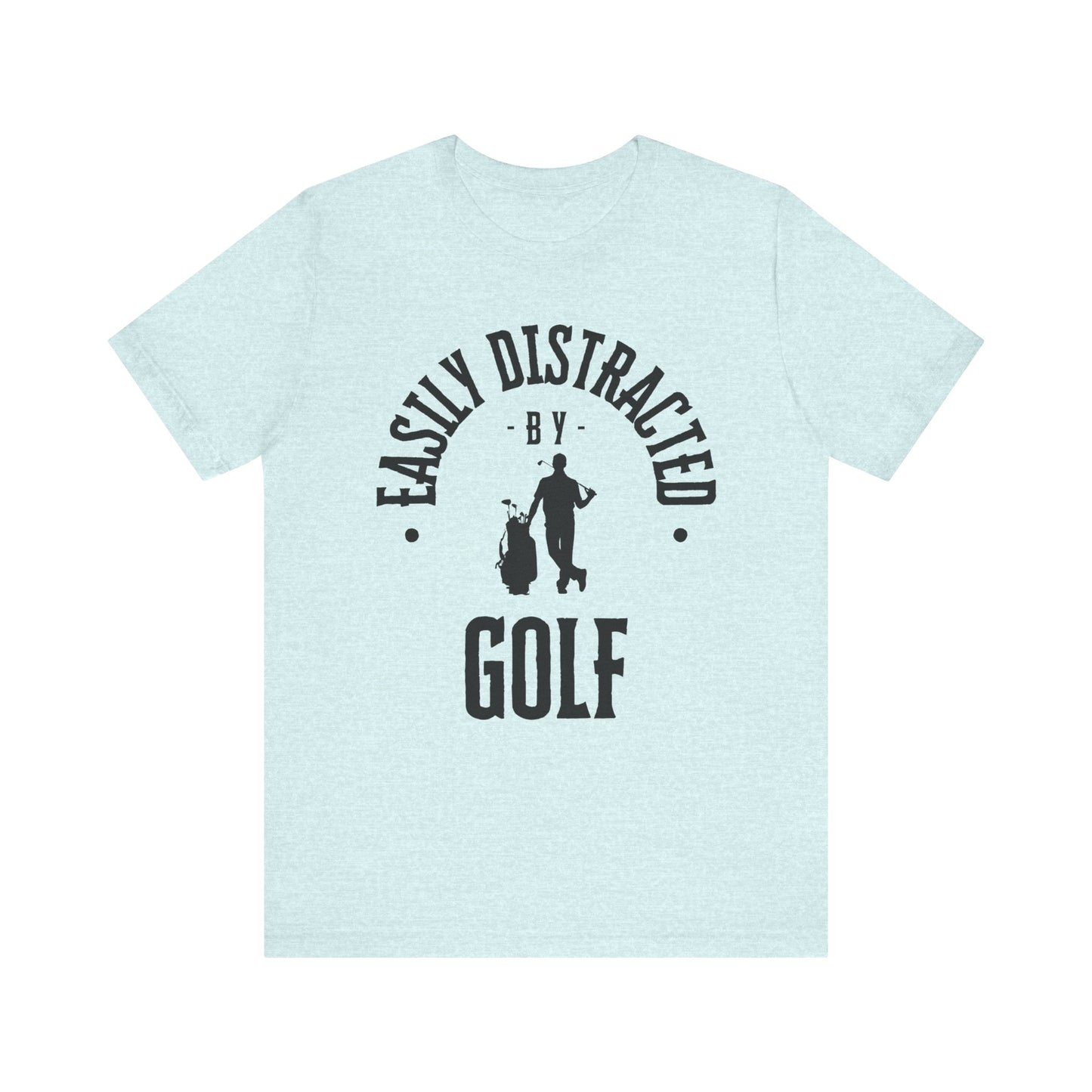 Light blue t-shirt with black graphic and text on a white background