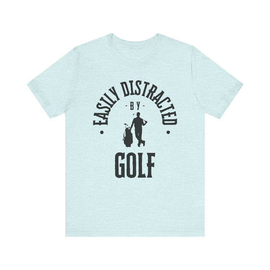 Light blue t-shirt with black graphic and text on a white background