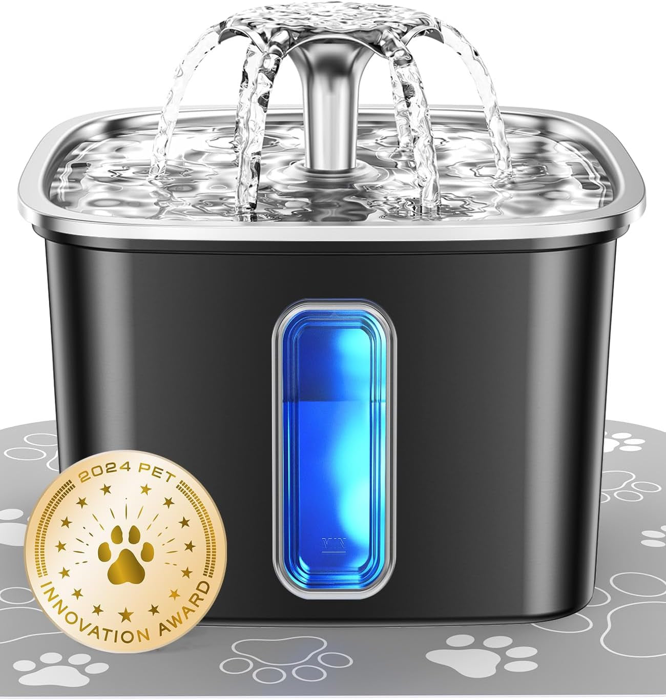 Pet water fountain with water flowing, featuring a 2024 Pet Innovation Award badge.