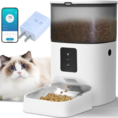 Automatic pet feeder with a cat and smartphone app on a white background