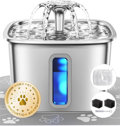 Pet water fountain with water flowing, surrounded by icons and an award badge on a white background.