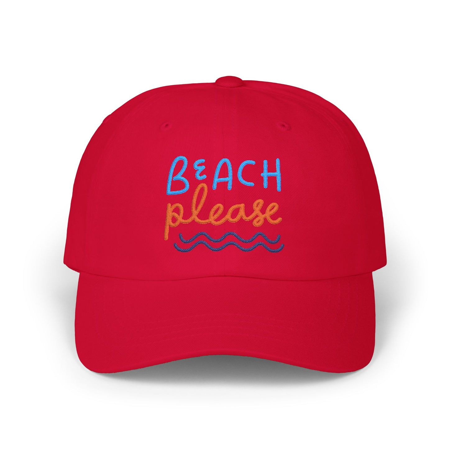 Red dad cap with embroidered 'Beach Please' text in blue and orange with a wave, front view on a white background