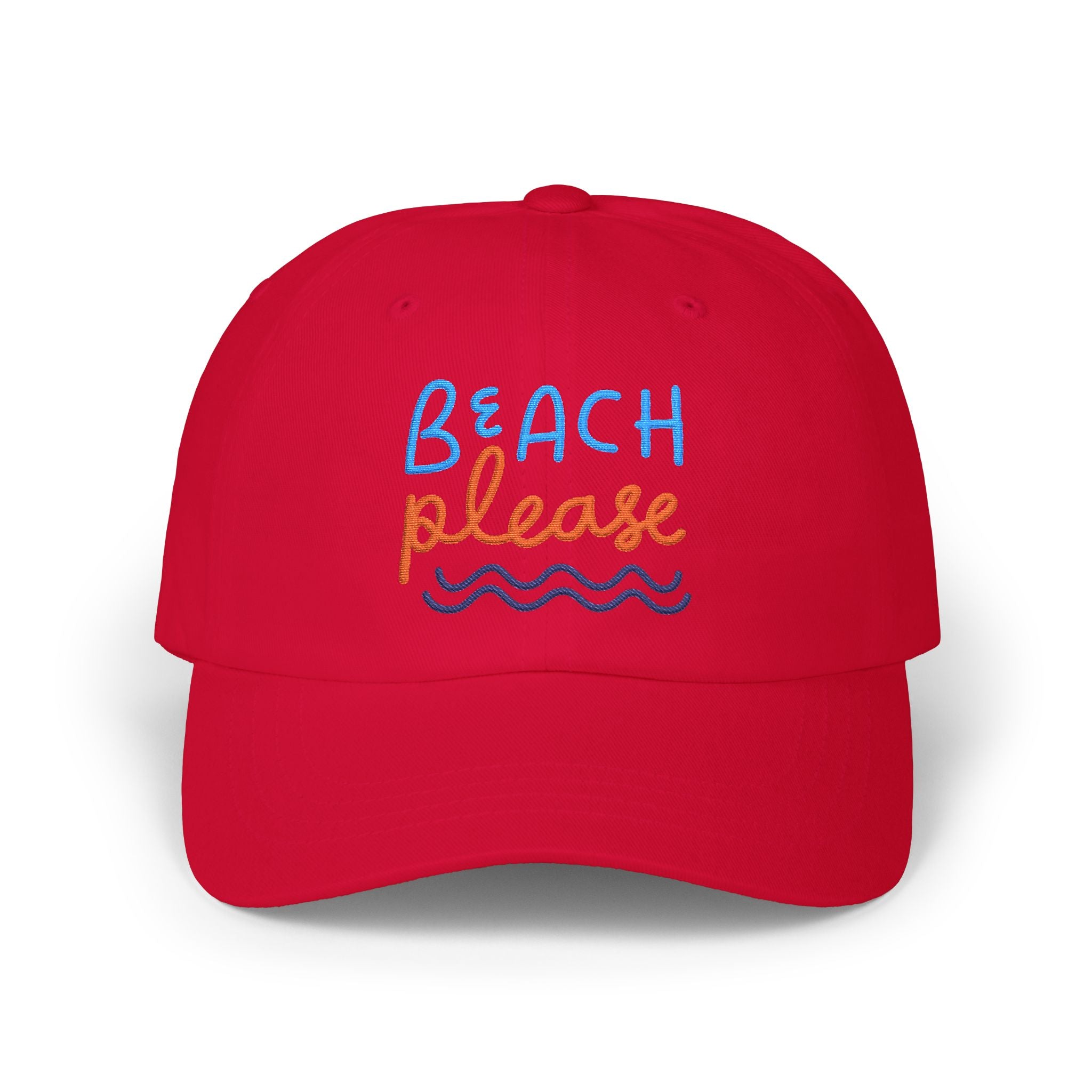 Red dad cap with embroidered 'Beach Please' text in blue and orange with a wave, front view on a white background