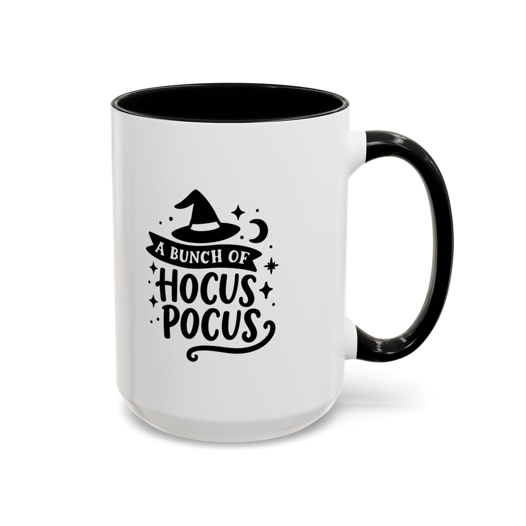White two-tone coffee mug with a black handle and interior and a black 'A Bunch of Hocus Pocus' witch-hat design, on a white background