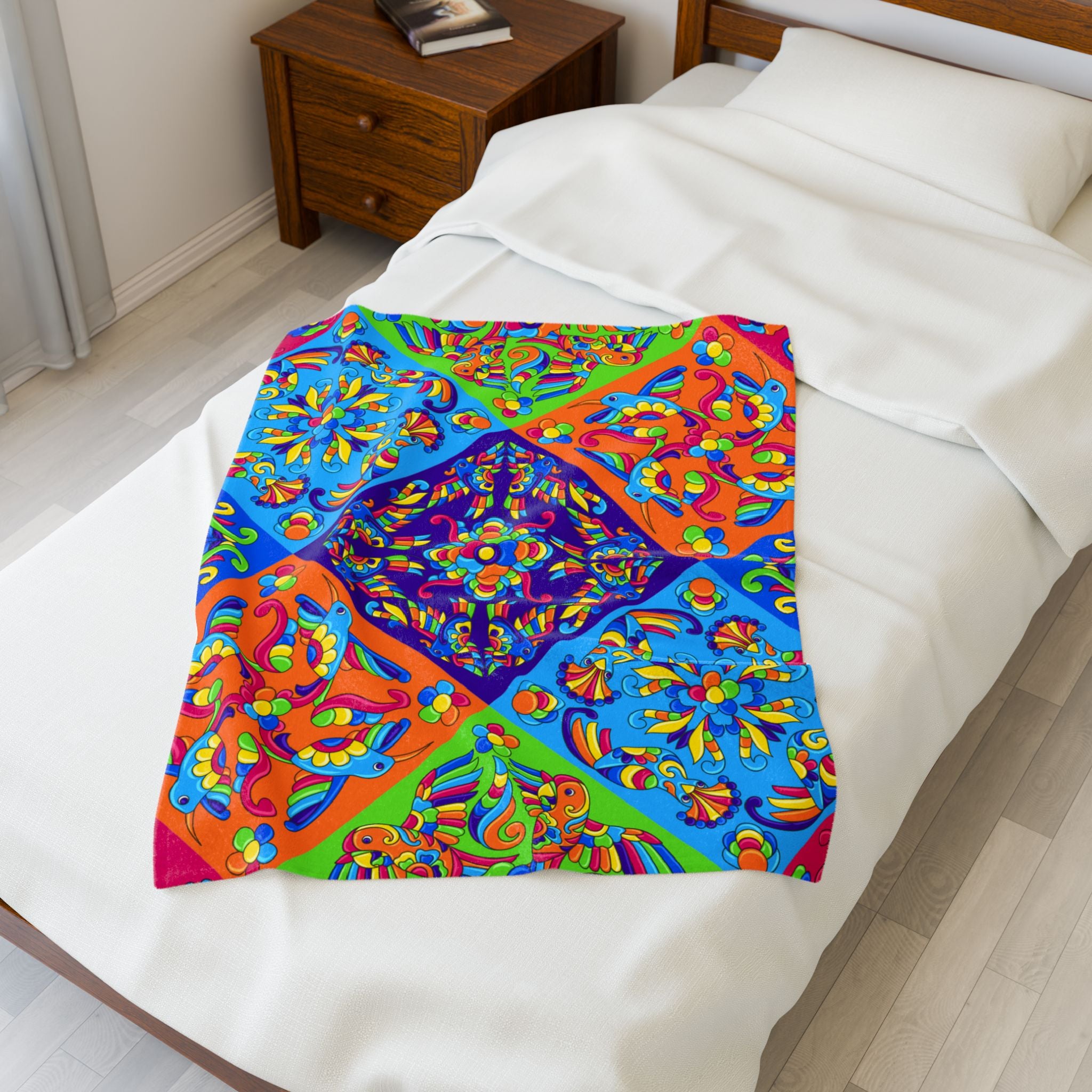 Bohemian style mandala blanket with bold multicolor artwork
