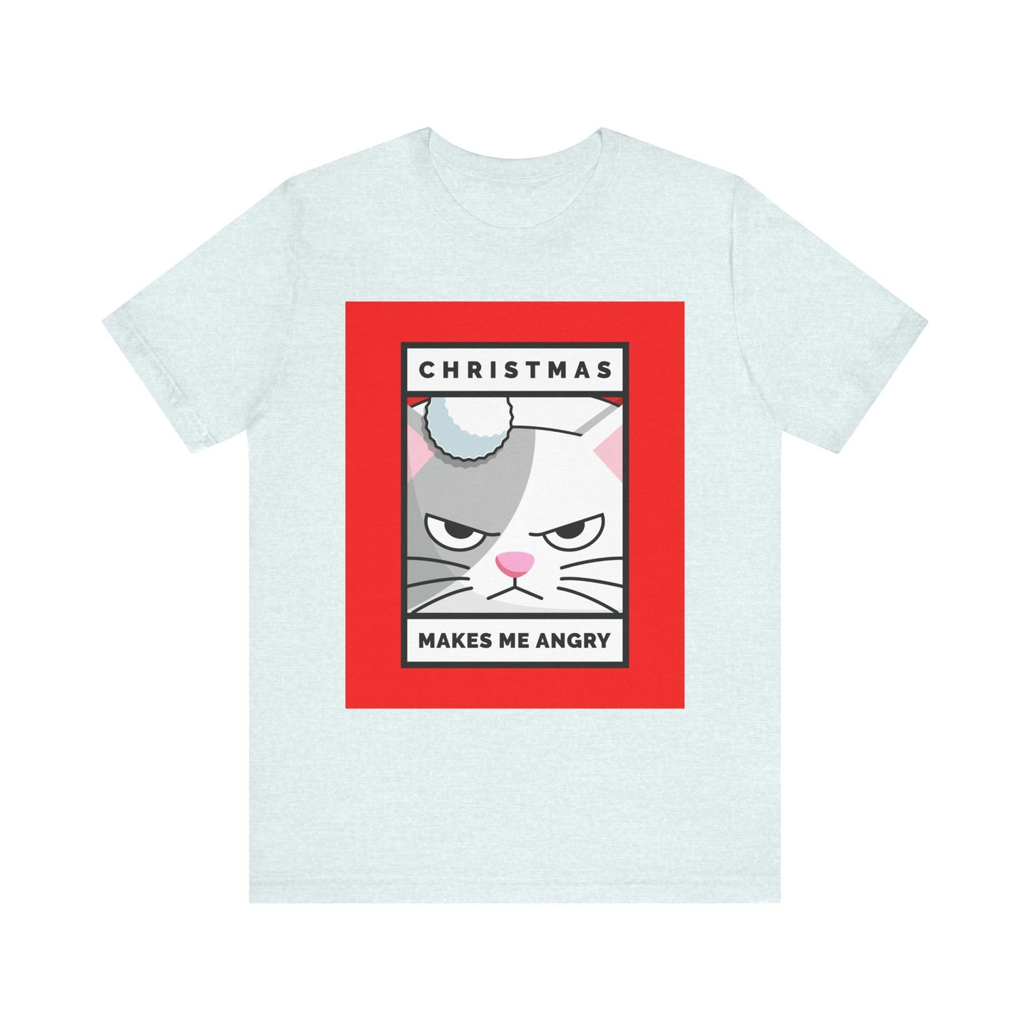 Light blue t-shirt with a graphic of a cat and text on a white background