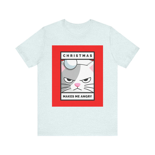 Light blue t-shirt with a graphic of a cat and text on a white background
