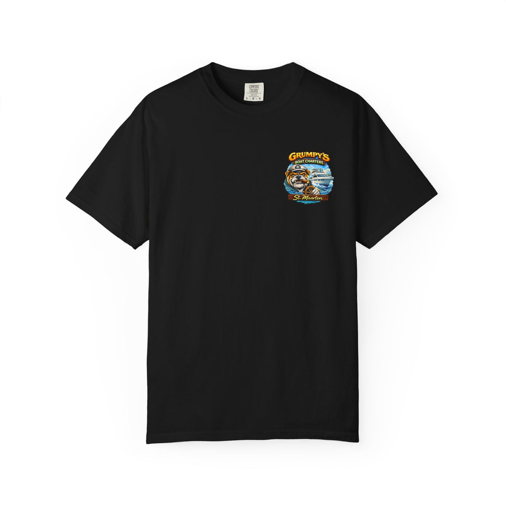 Black t-shirt with a logo on the chest against a white background