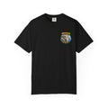 Black t-shirt with a logo on the chest against a white background