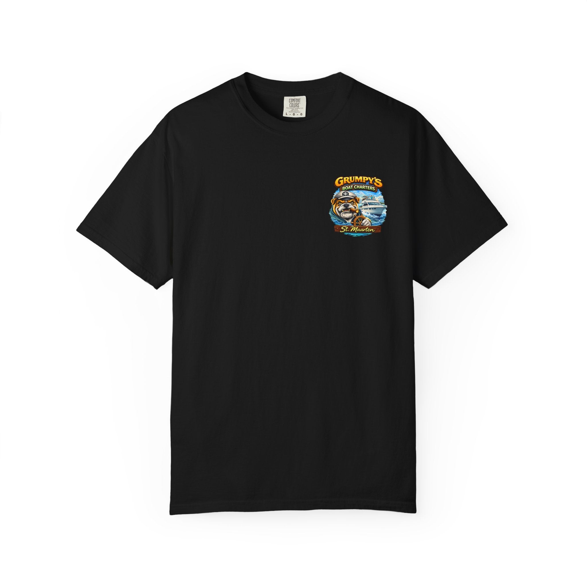 Black t-shirt with a logo on the chest against a white background