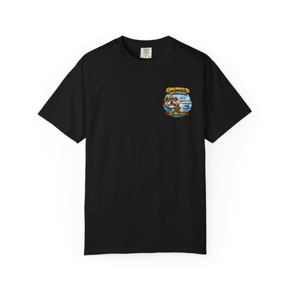 Black t-shirt with a logo on the chest against a white background