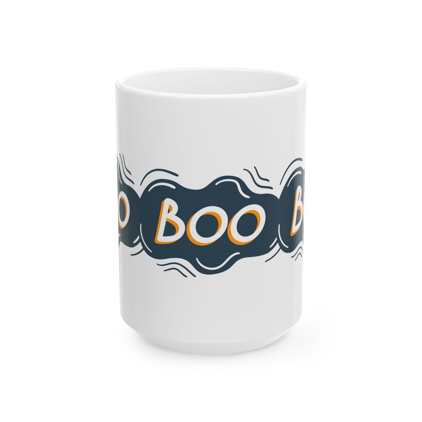 White mug with 'BOO' text on a white background