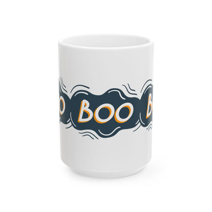 White mug with 'BOO' text on a white background