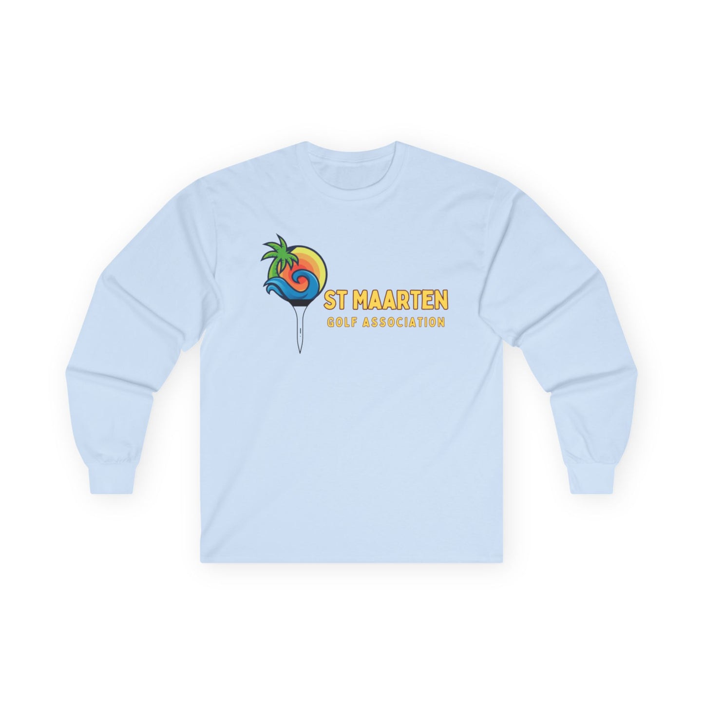 Light blue long-sleeve shirt with a colorful logo and text on a white background