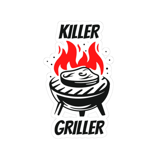 Sticker design with 'Killer Griller' text and a grill illustration on a white background