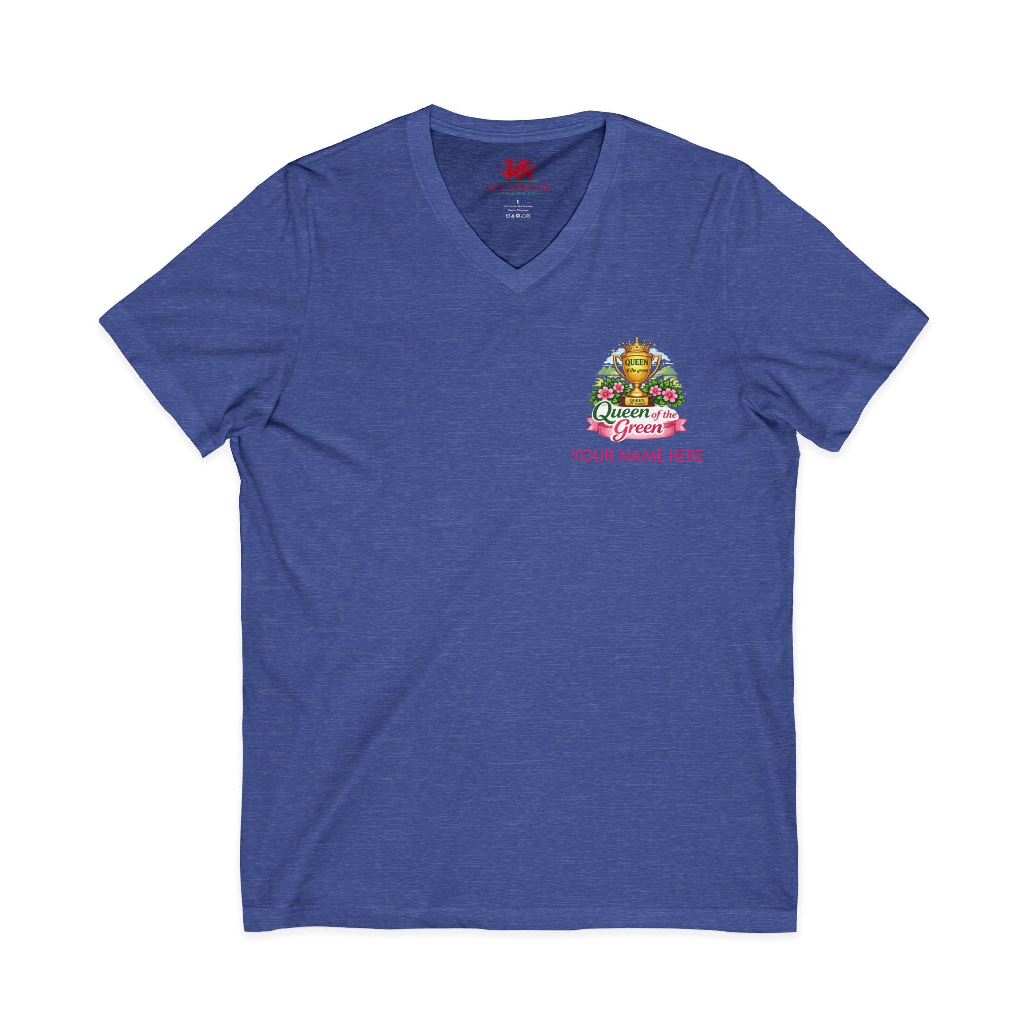 Blue t-shirt with a colorful graphic and text on a white background