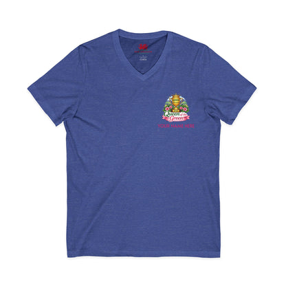 Blue t-shirt with a colorful graphic and text on a white background