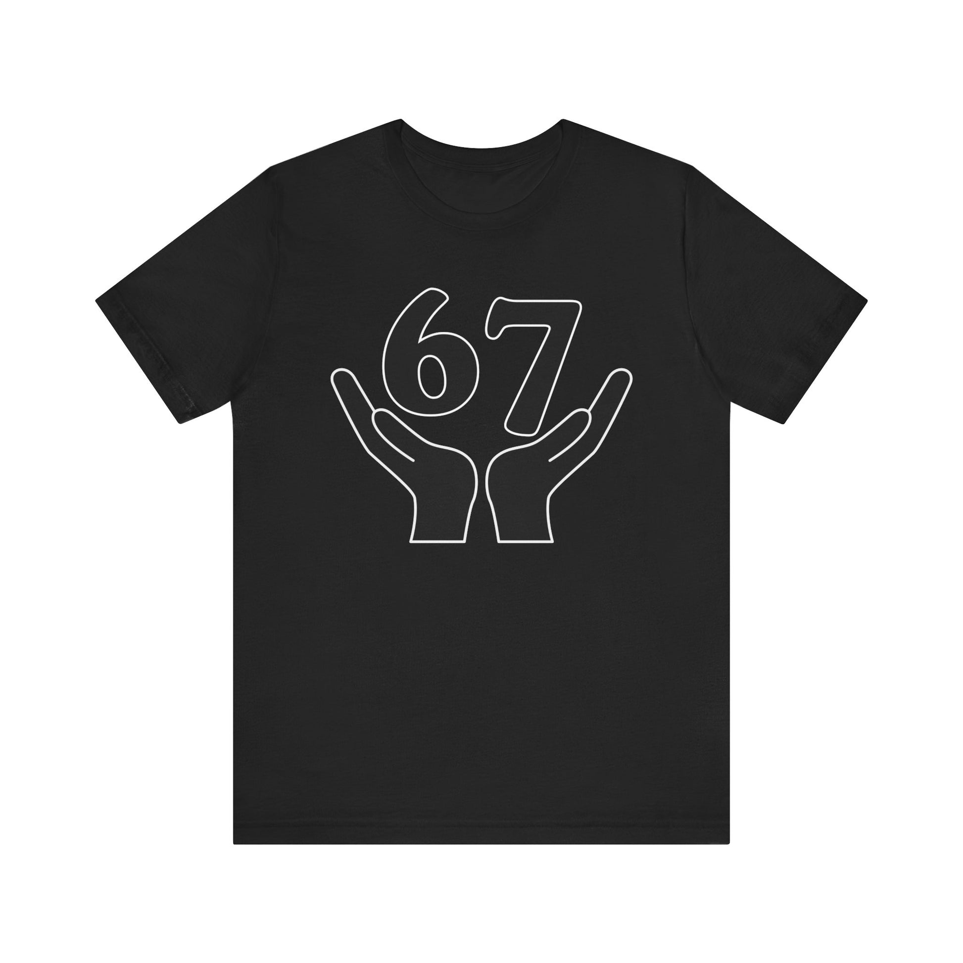 Black t-shirt with white graphic of hands holding the number 67 on a white background
