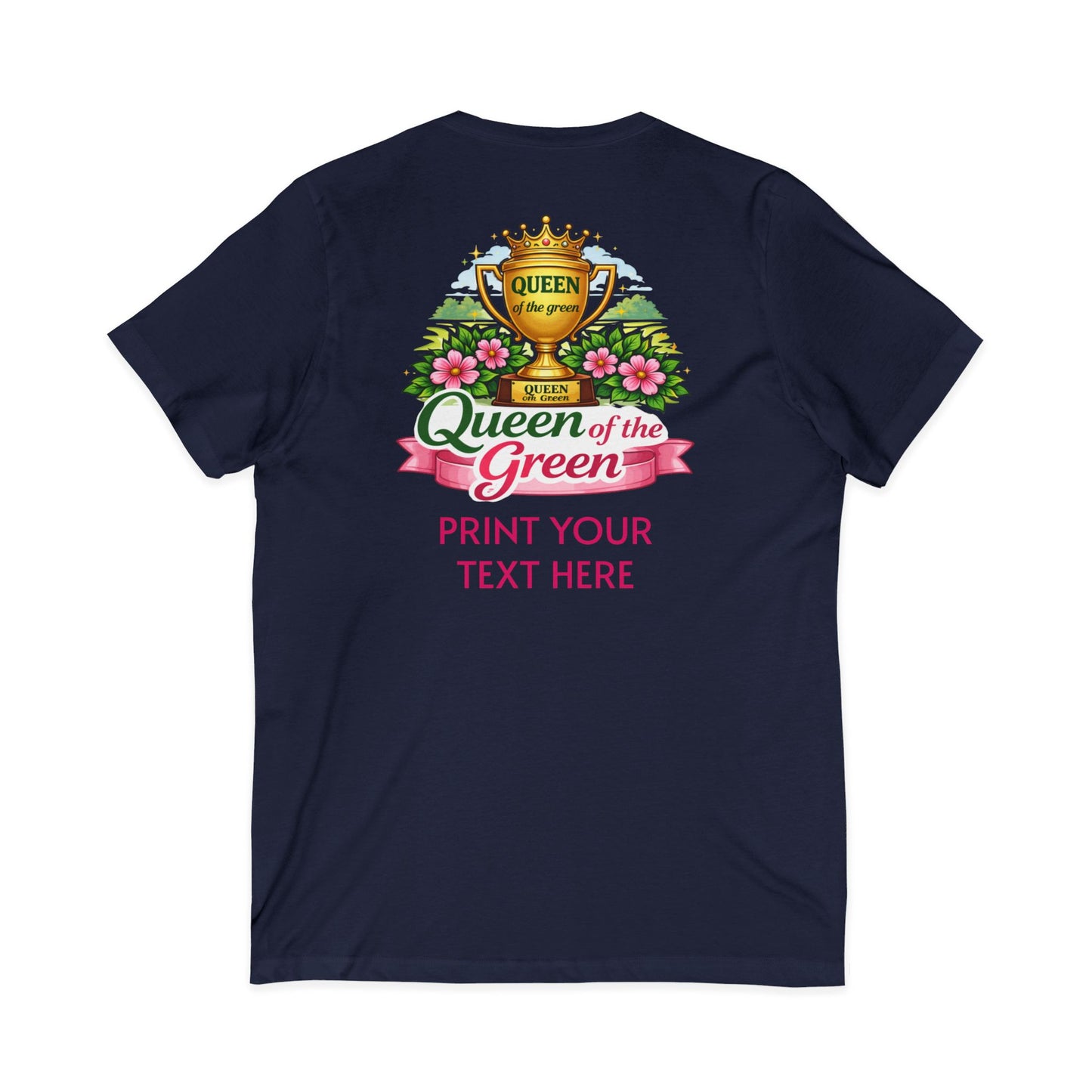 Navy blue t-shirt with 'Queen of the Green' graphic and customizable text on a white background