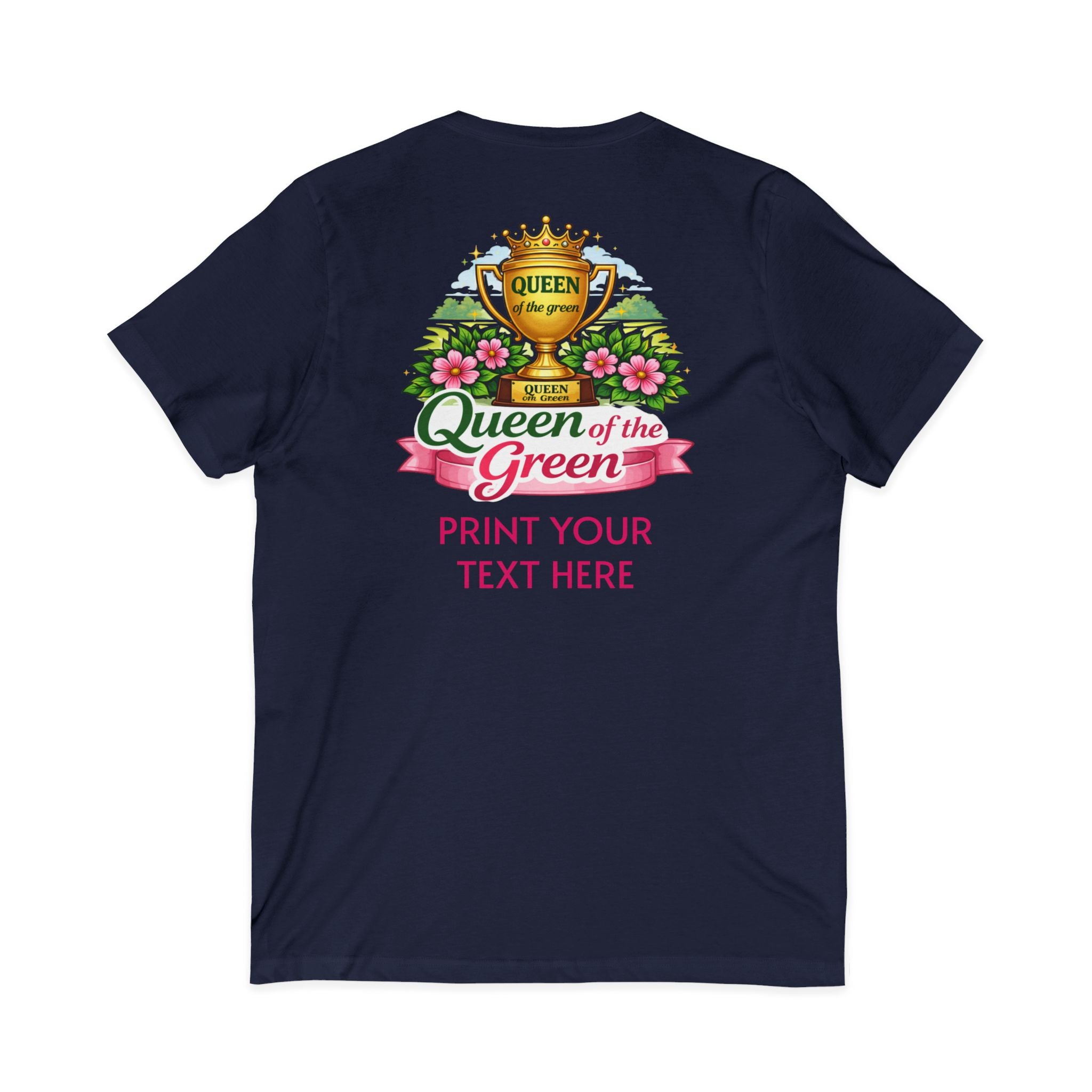 Navy blue t-shirt with 'Queen of the Green' graphic and customizable text on a white background