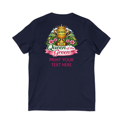 Navy blue t-shirt with 'Queen of the Green' graphic and customizable text on a white background