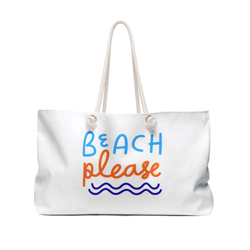 White tote bag with 'Beach Please' text on a white background