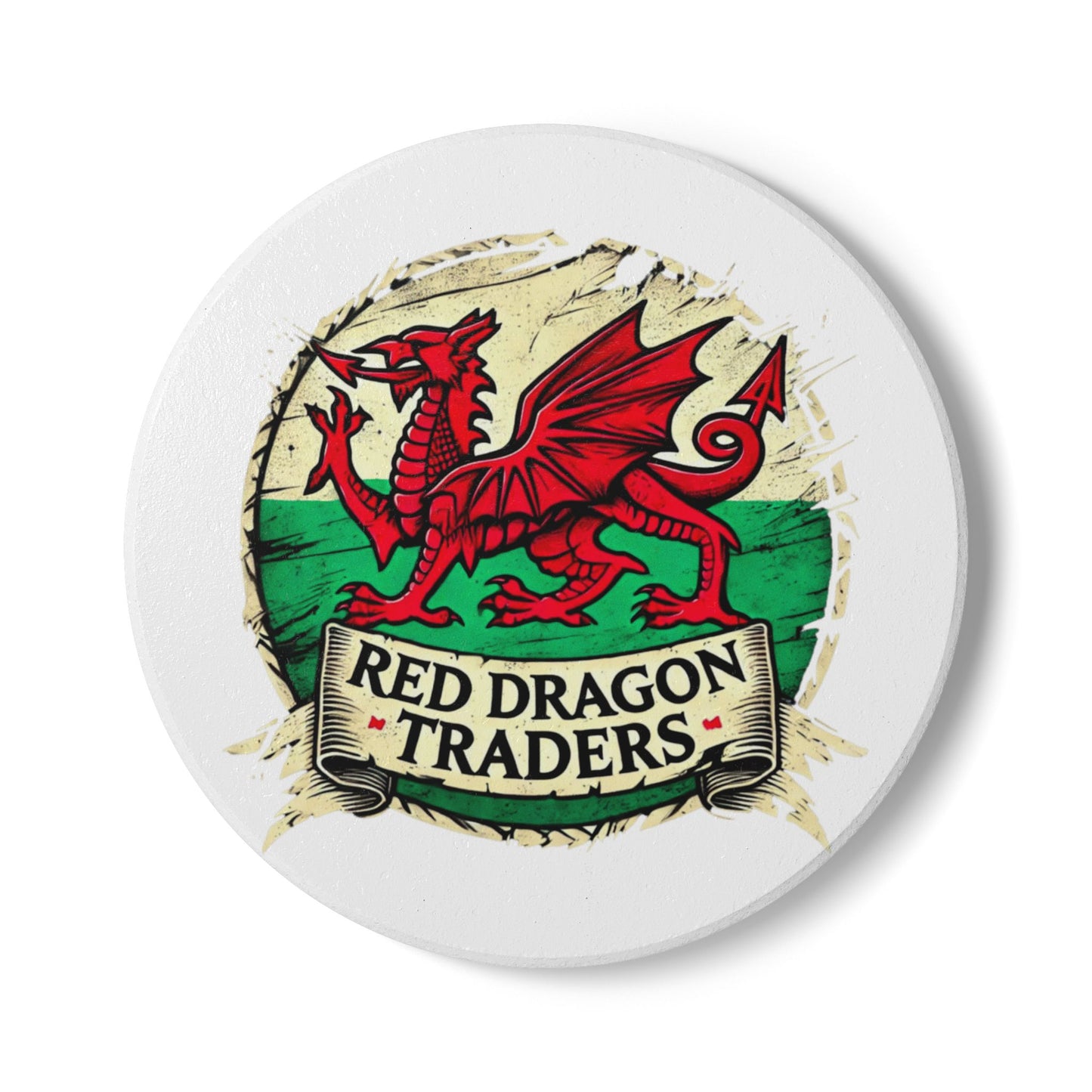 Round white coaster with red dragon design and 'Red Dragon Traders' text on a white background