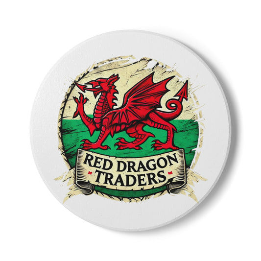 Round white coaster with red dragon design and 'Red Dragon Traders' text on a white background