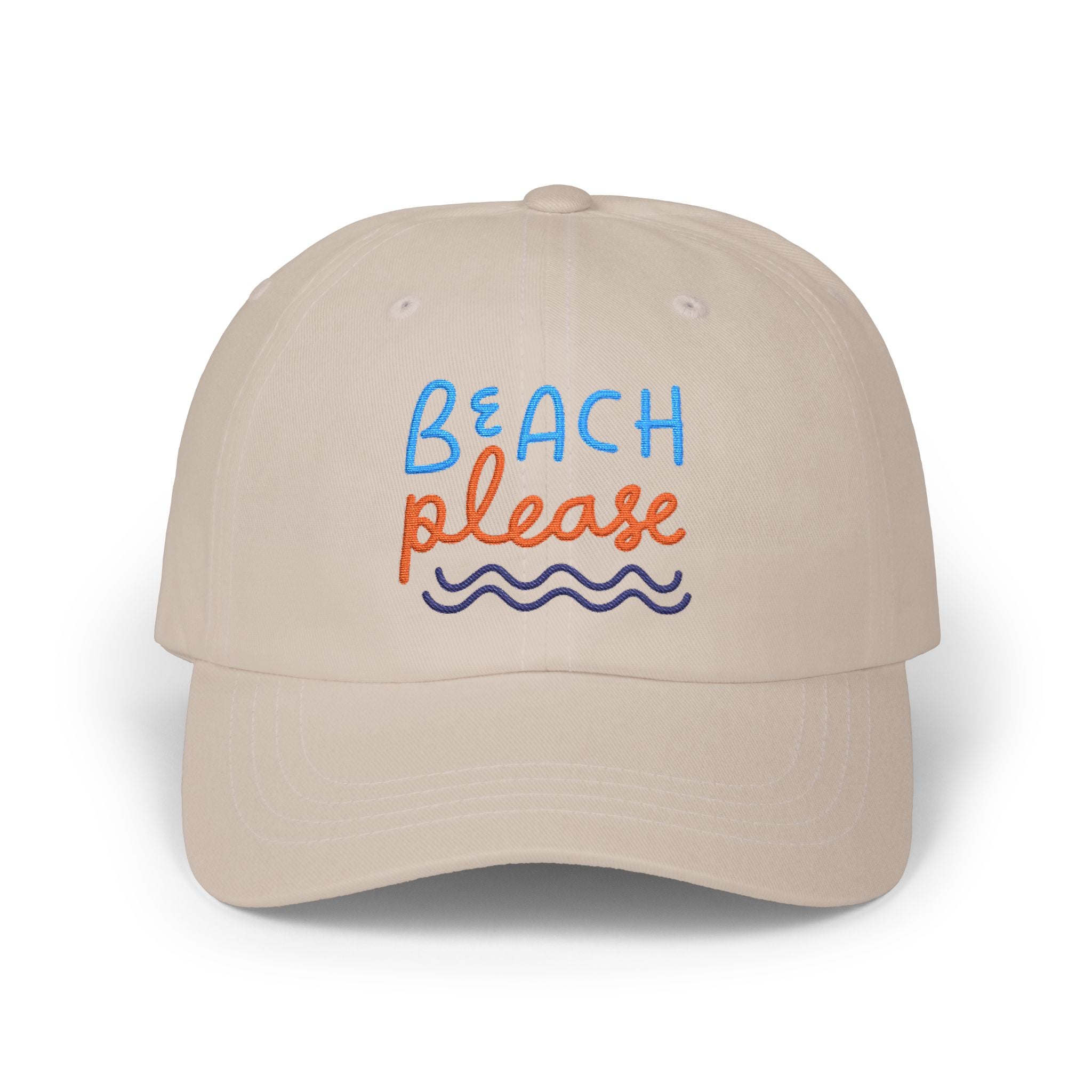 Stone dad cap with embroidered 'Beach Please' text in blue and orange with a wave, front view on a white background