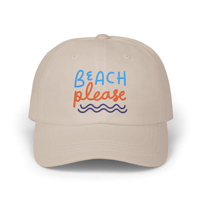 Stone dad cap with embroidered 'Beach Please' text in blue and orange with a wave, front view on a white background