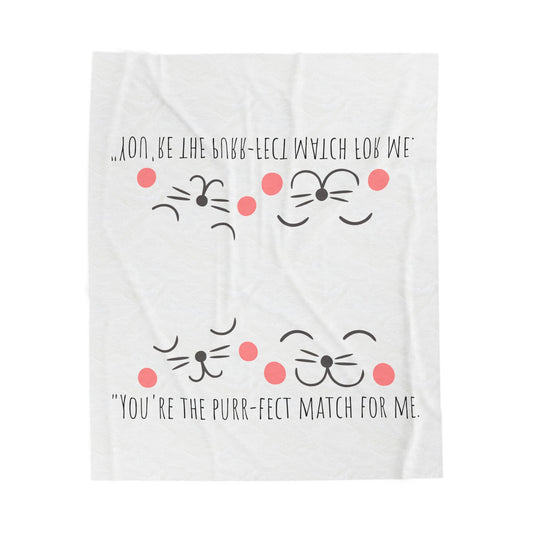 Plush Blanket — "You're the Purr-fect Match for Me" Cute Cat Face Throw, Cozy Valentine Gift