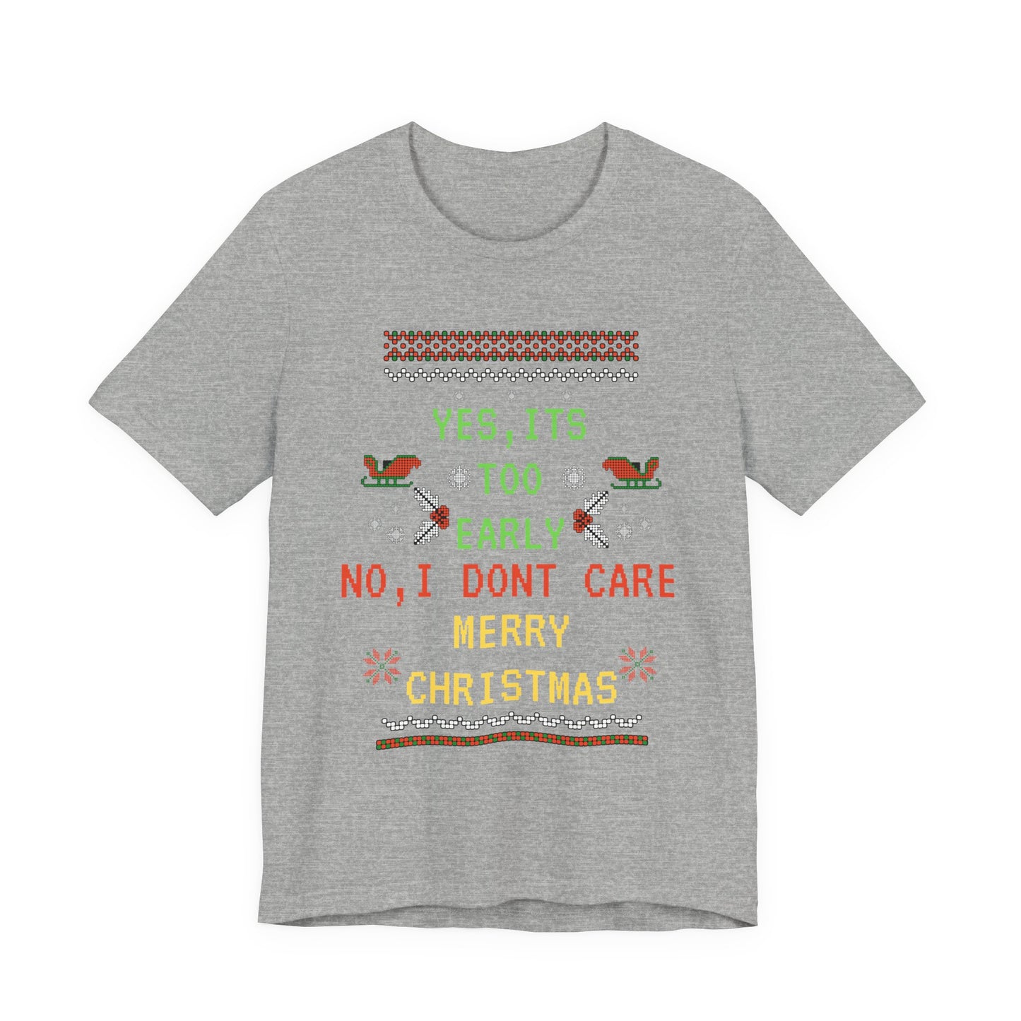 Gray t-shirt with Christmas-themed text and graphics on a white background