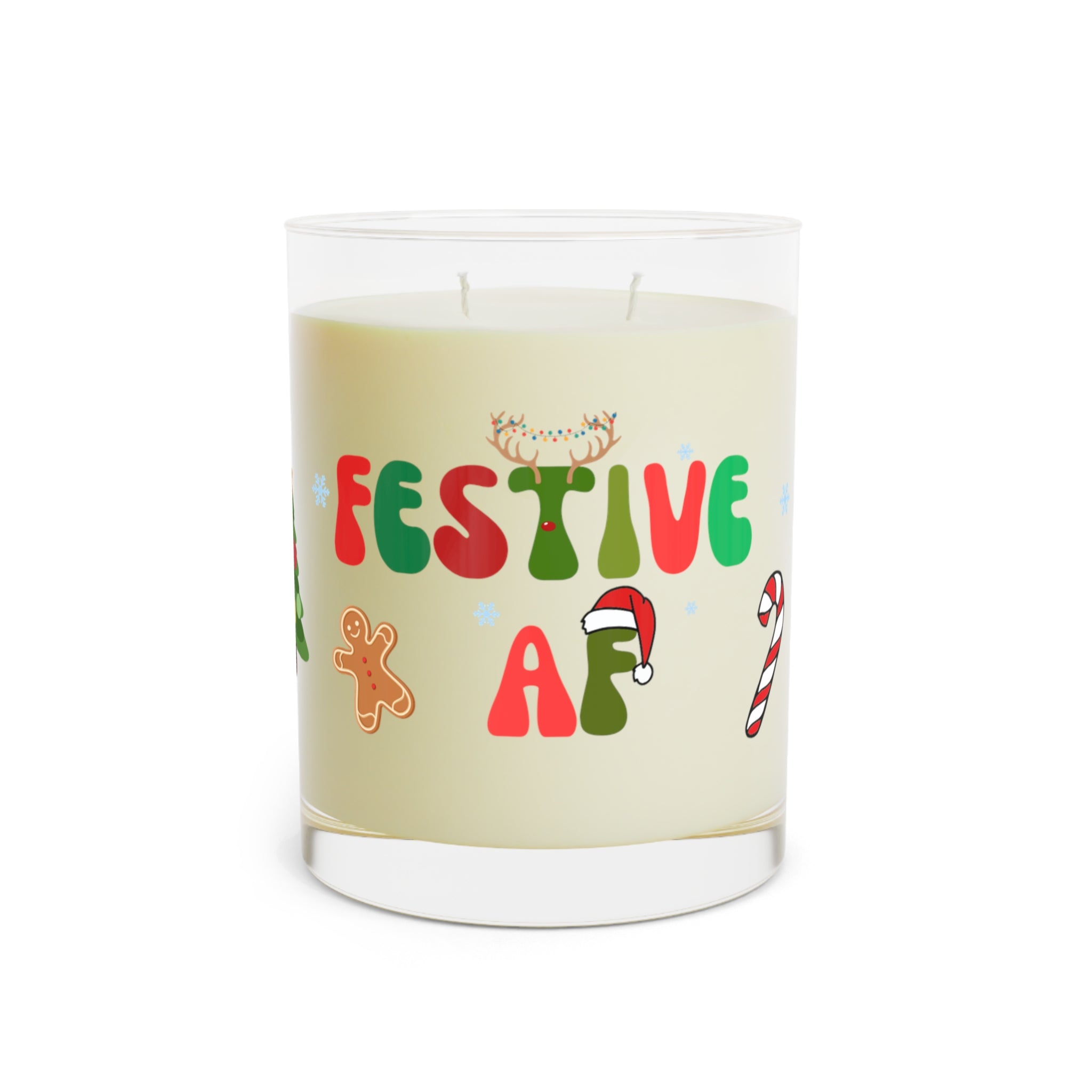Candle with 'Festive AF' text and Christmas-themed graphics on a beige background