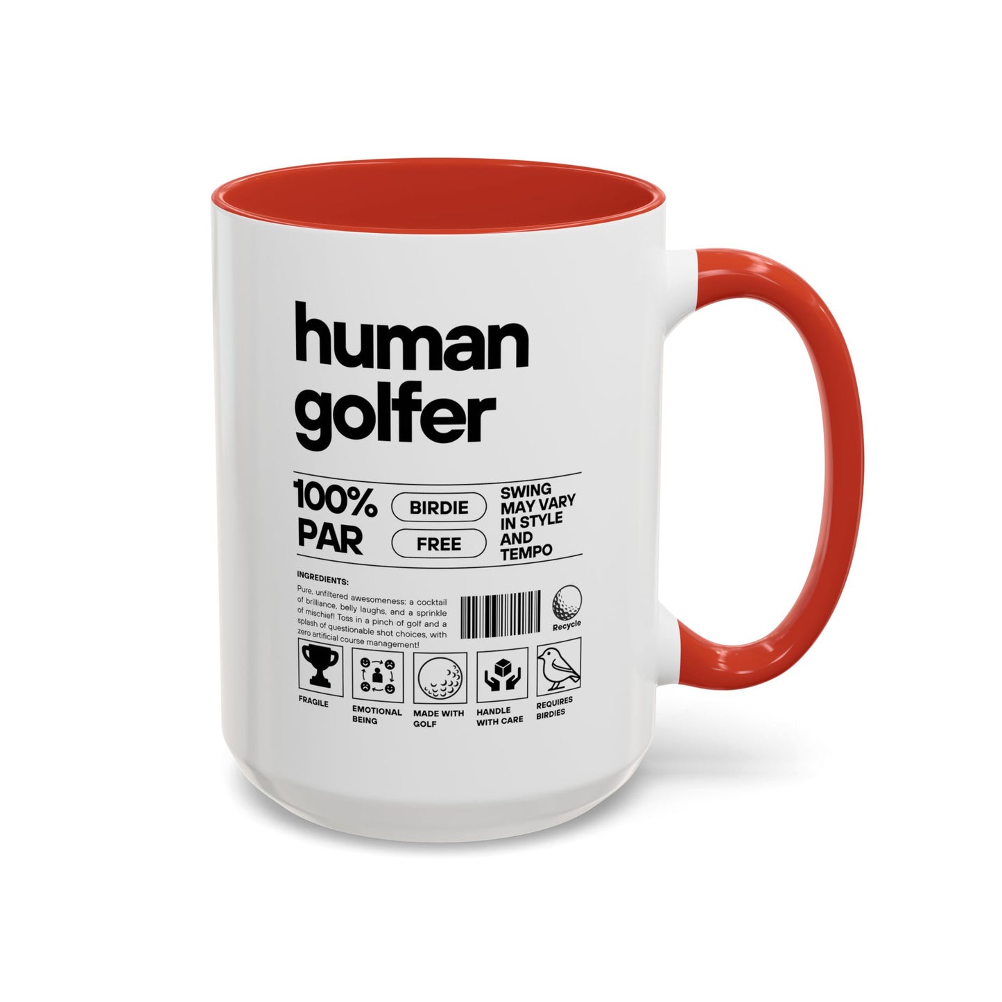Mug with red interior and handle, featuring text and graphics on a white background