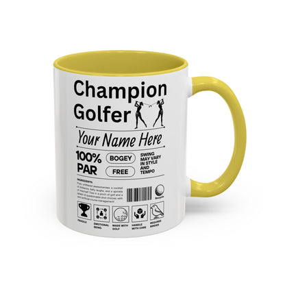 Mug with 'Champion Golfer' design and customizable text on a white background and yellow mug. 