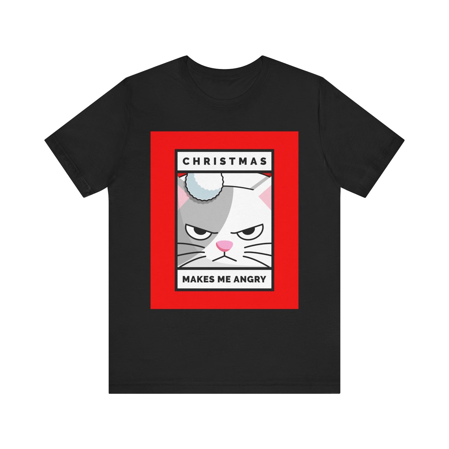 Black t-shirt with a graphic of a cat and text on a white background