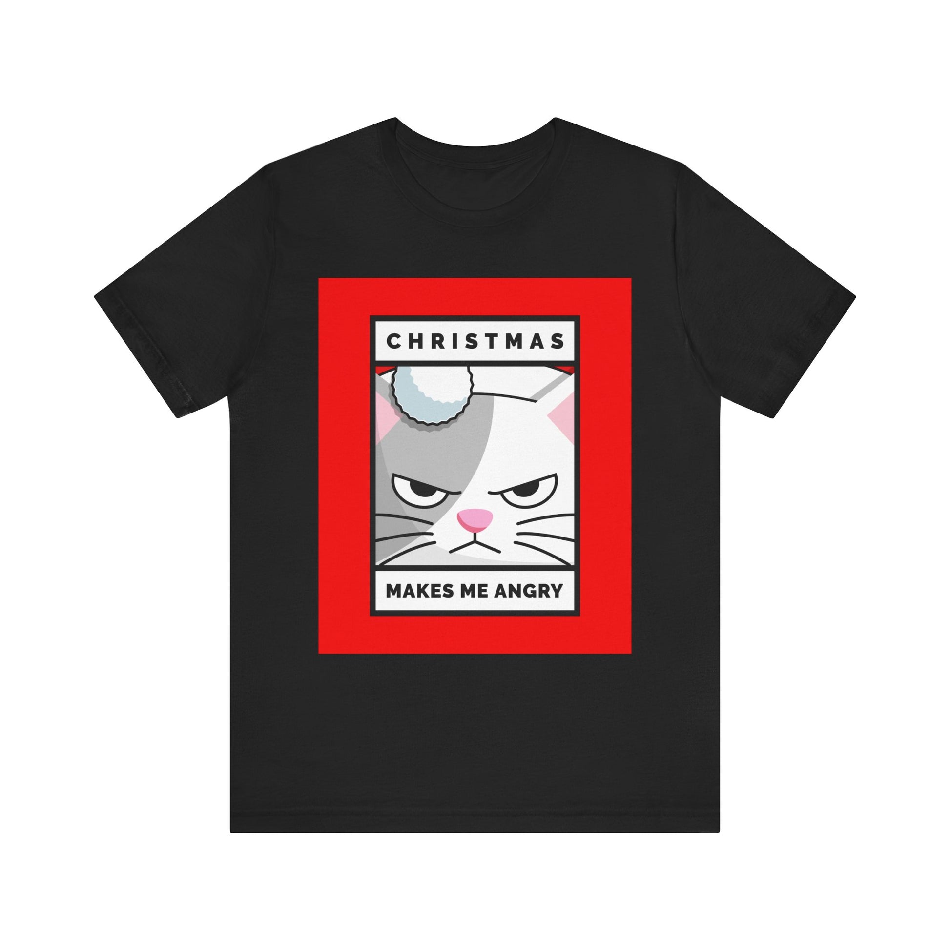 Black t-shirt with a graphic of a cat and text on a white background