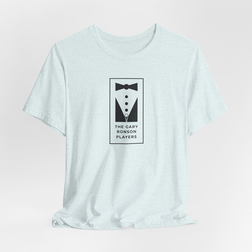 Light blue heather t-shirt with a black-and-white tuxedo graphic and 'The Gary Ronson Players' text, front view on a white background