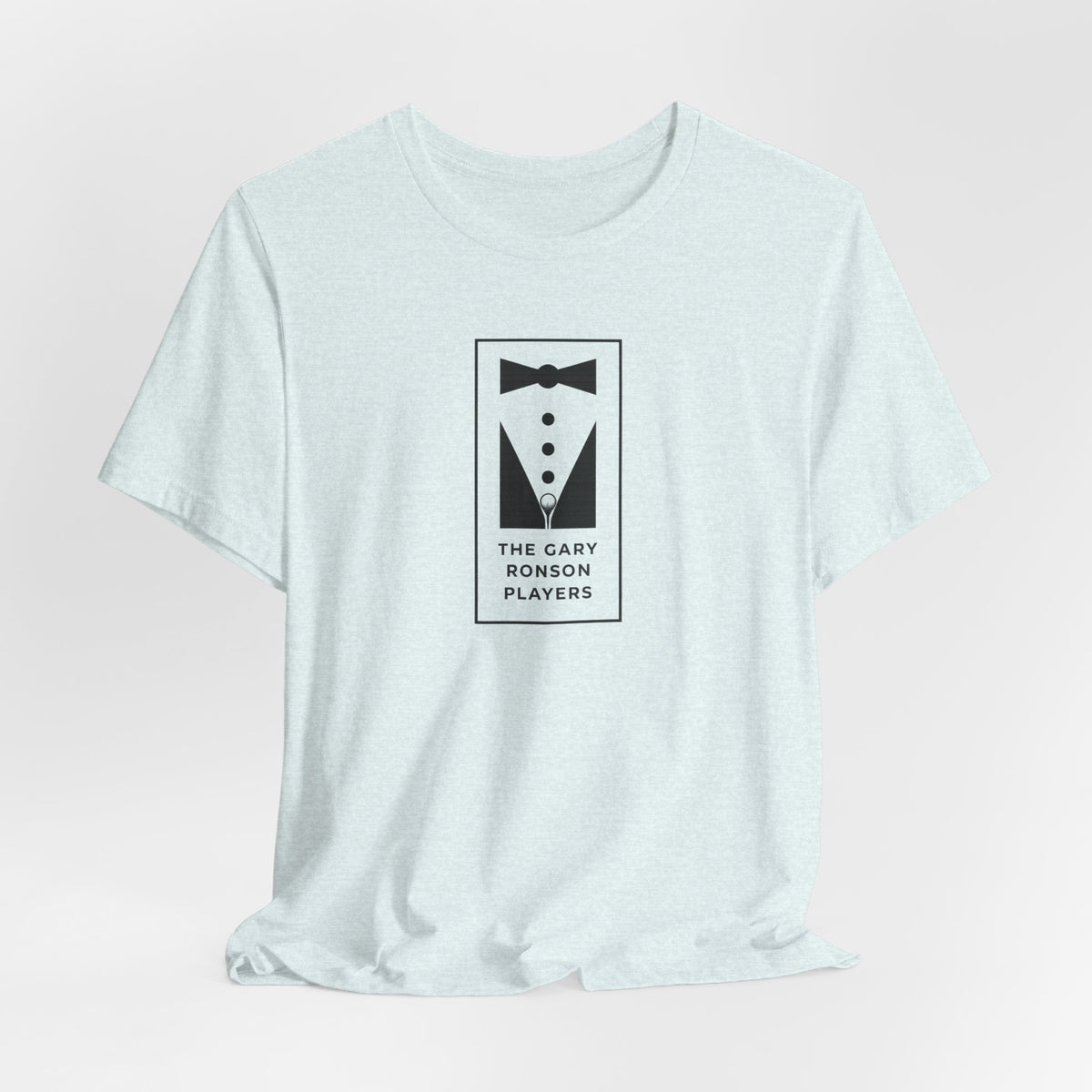 Light blue heather t-shirt with a black-and-white tuxedo graphic and 'The Gary Ronson Players' text, front view on a white background
