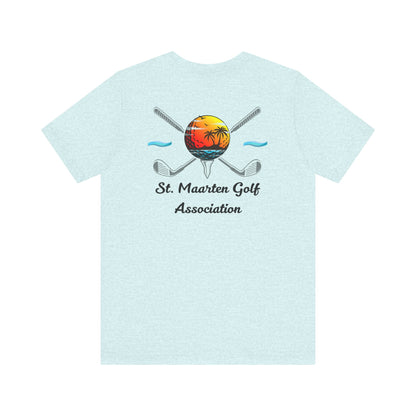 Tee Golff Trofannol Cymdeithas Golff Sint Maarten - Dyluniad Golff Retro Machlud Ynys