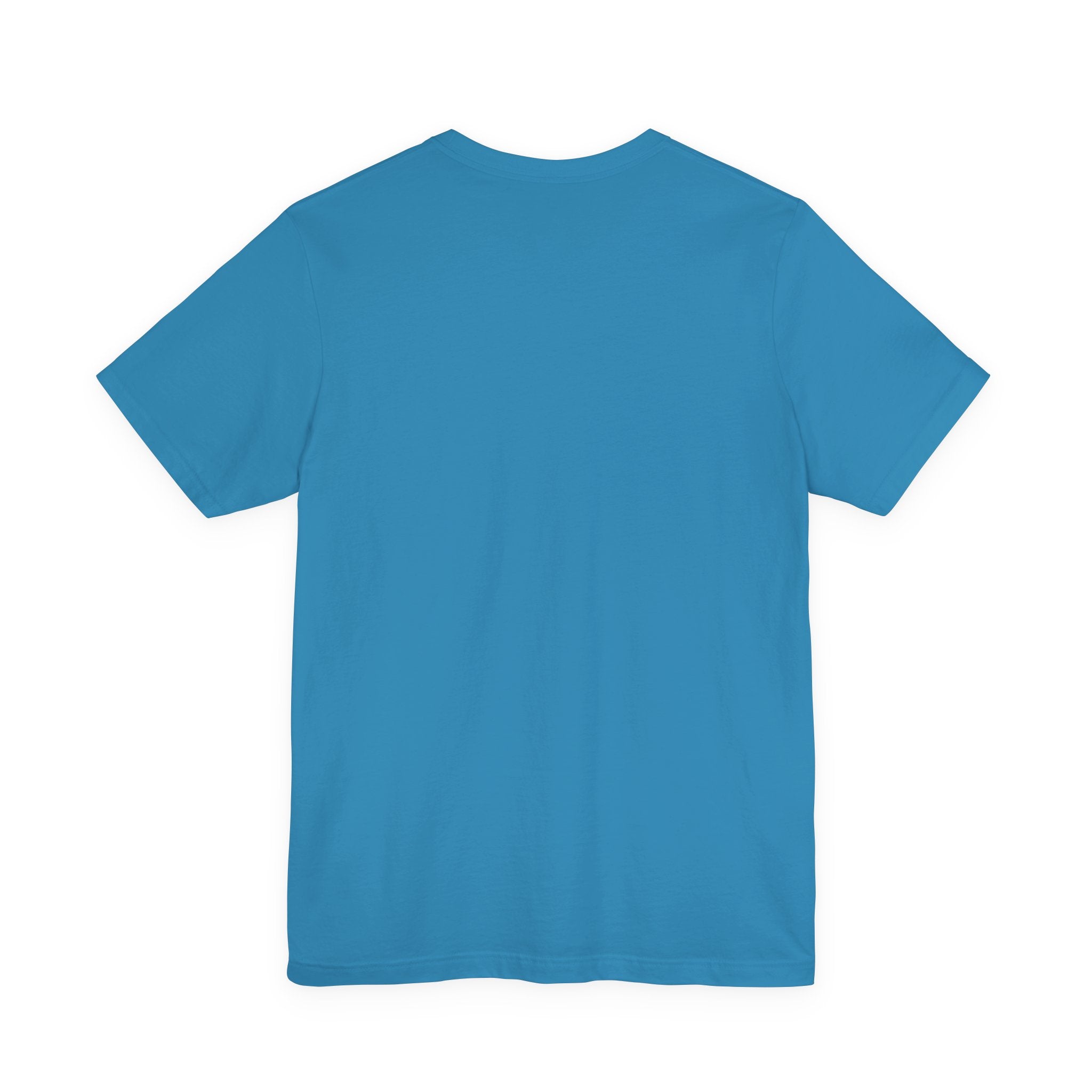Back view of a plain turquoise t-shirt on a white background