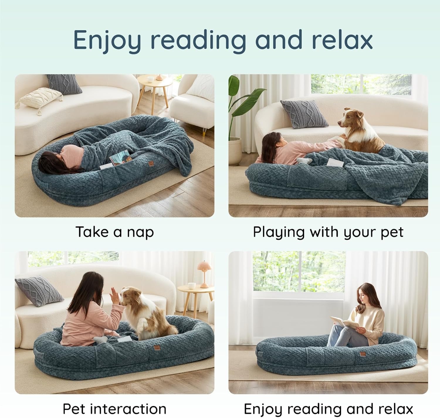Dog bed used for napping, playing with a pet, and reading in a cozy living room setting.