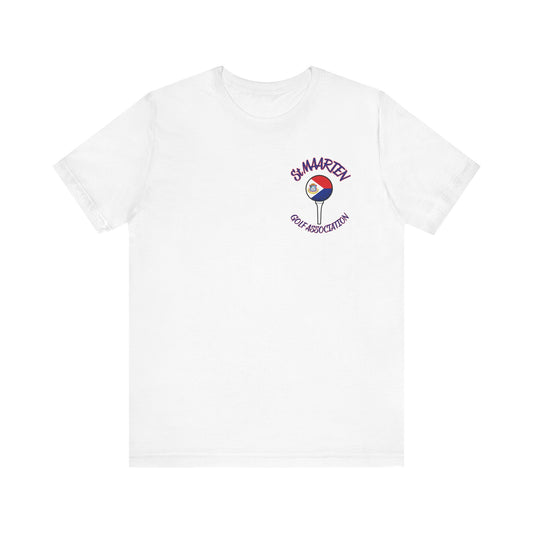 White t-shirt with a logo on a white background